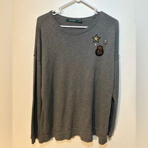 Lauren Ralph Lauren Sweater Pullover Gray Embroidered Crest Bling Details Size L